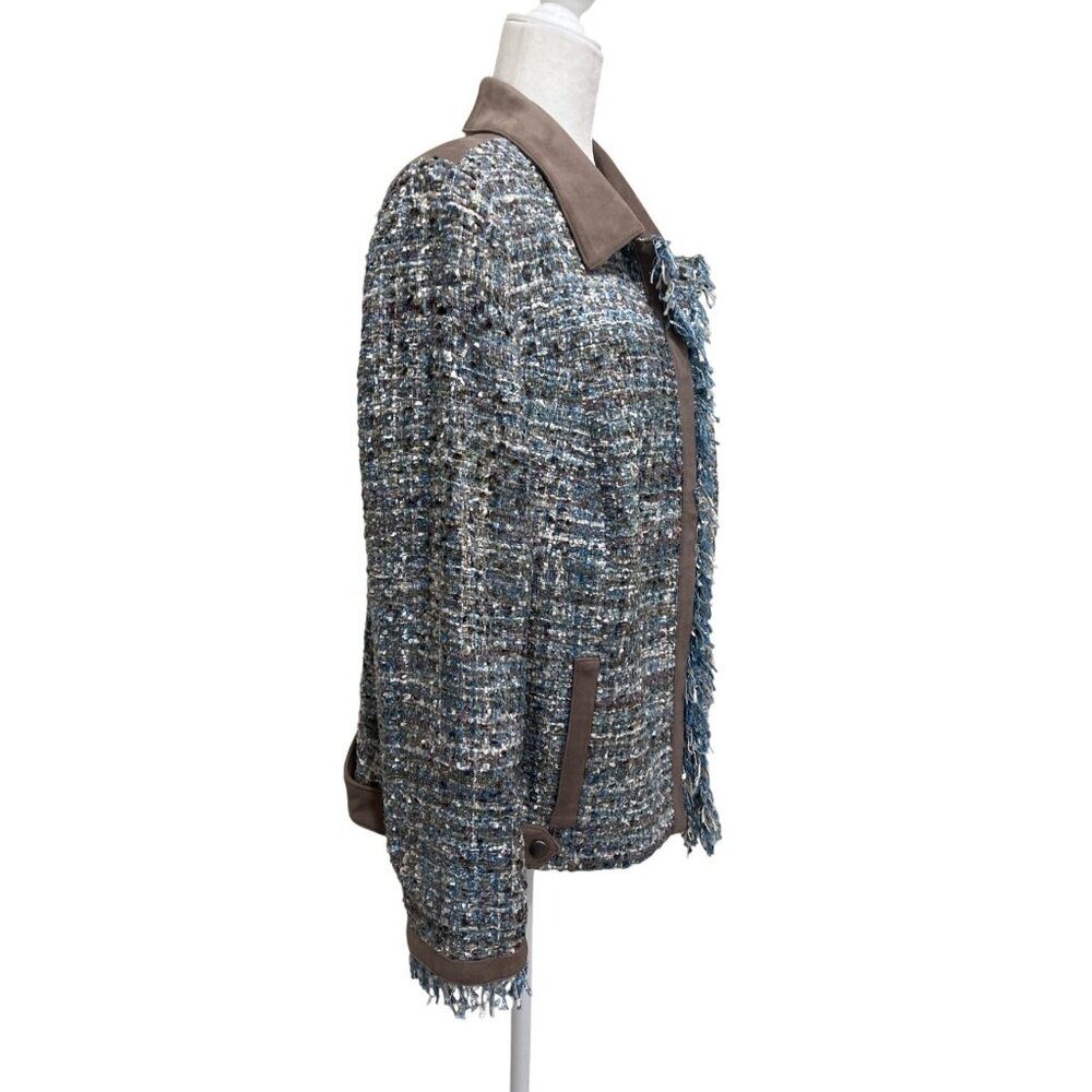 Madeleine Womens Size XL Blazer Blue Tweed & Taupe Faux Suede Jacket - Picture 2 of 7